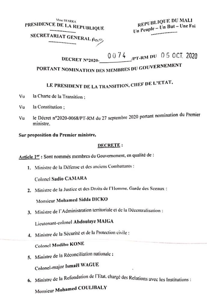 Mali Liste des 25 membres du Gouvernement de la transition Djeliba24